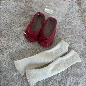 New Sparkly Red Doll Ballet Flats with White Leg Warmers fits American girl doll